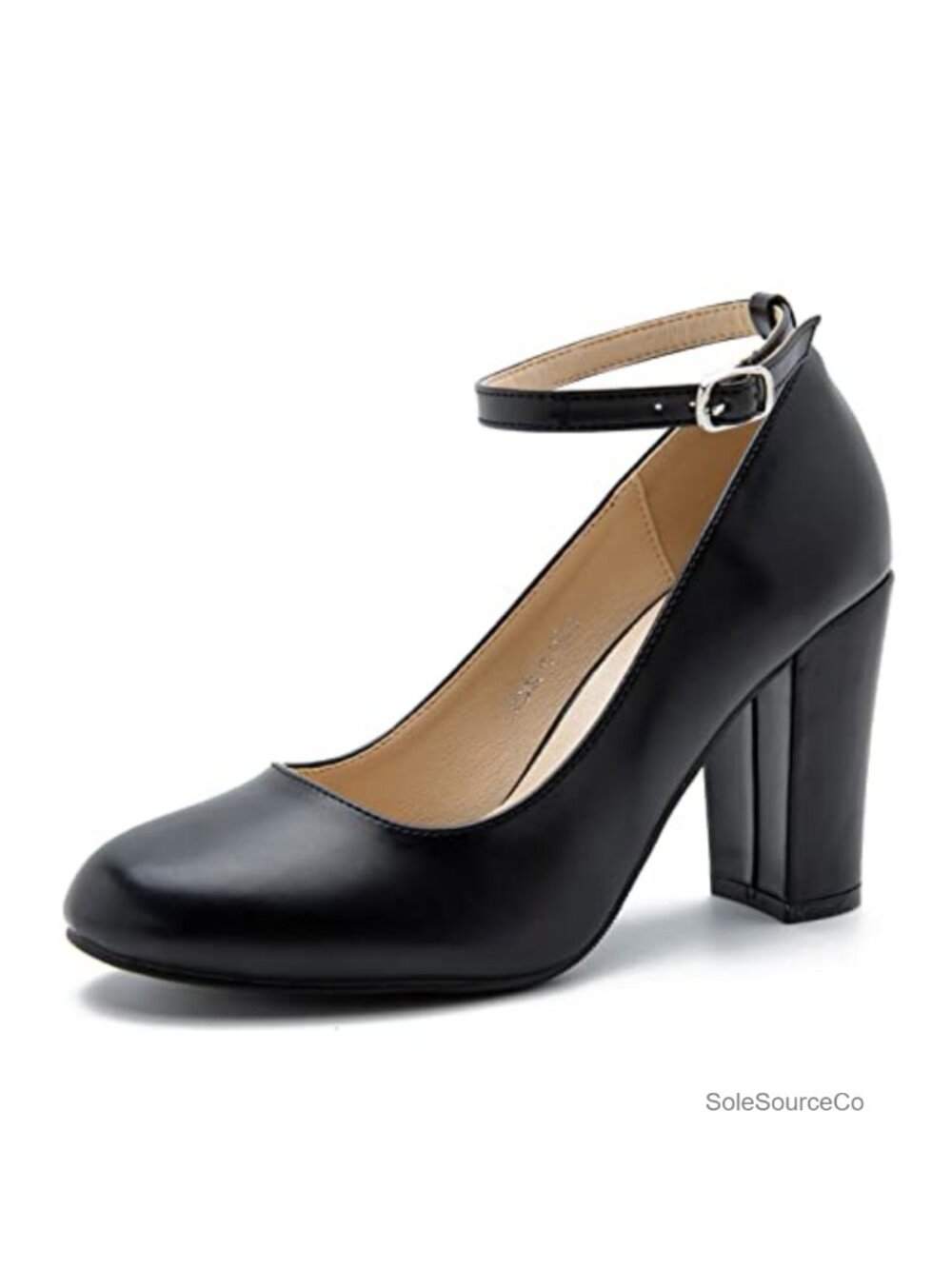 Block Heel Pumps with Ankle Strap, Round Toe, Cushioned Insole, Synthetic PU